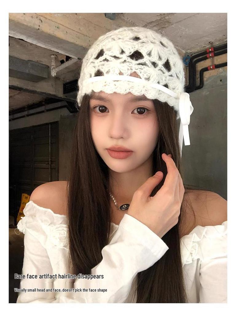 Женская дышащая вязаная крючком ажурная шапочка в корейском стиле - летняя, тонкая и универсальная