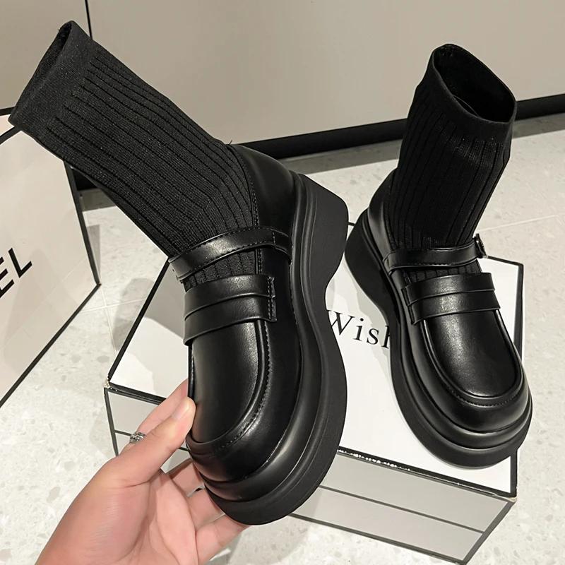 Модные туфли на плоской подошве на платформе, эластичные носки, дизайнерские женские туфли до щиколотки, модные зимние короткие ботинки для ходьбы 2024 года, женские готические ботинки челси