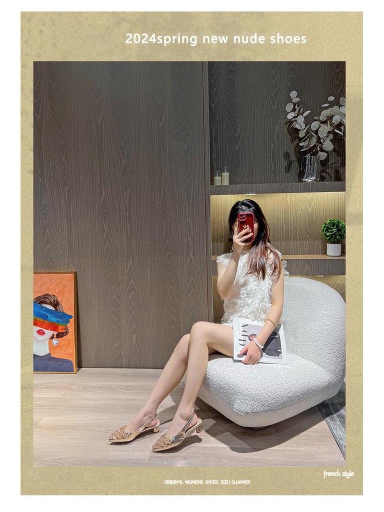 Женские босоножки с закрытым каблуком и острым носком, украшенные французскими стразами, 2024 г., большие размеры 41-43