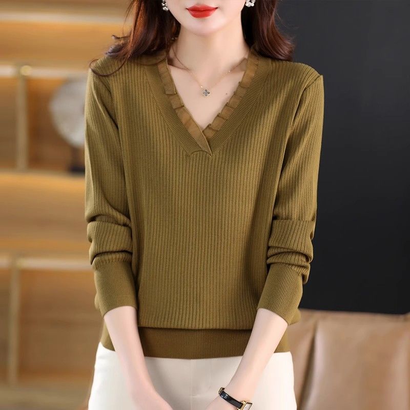 Весенне-осенняя мода кружевной V-образный вырез с длинными рукавами вязаный свитер тонкий свитер топ базовая рубашка для женщин