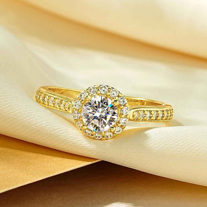 Rrjzz Trendy Plating 14k Gold Silver Women Ring Speaking Halo Round CZ Simulated Diamond Engagement Rings Wedding Fine Jewelry