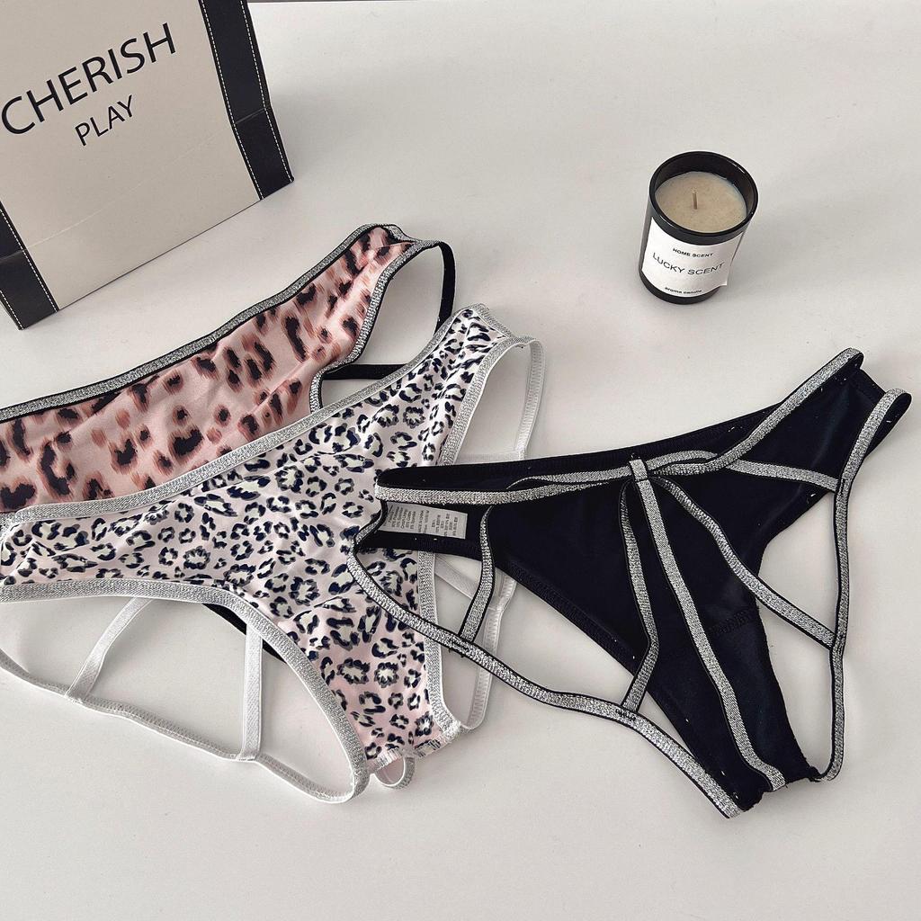 European & American Leopard Print Ribbon Women's Sexy Panties - Shiny & Hollow Out Design