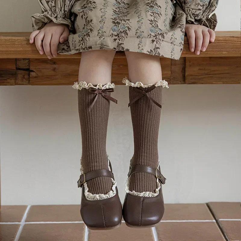 Retro Lace Bow Calf Sock for Kids Girl Sweet Beige Coffee Color Bow Ruffle Sock for Children Spring Autumn Cotton School Sock