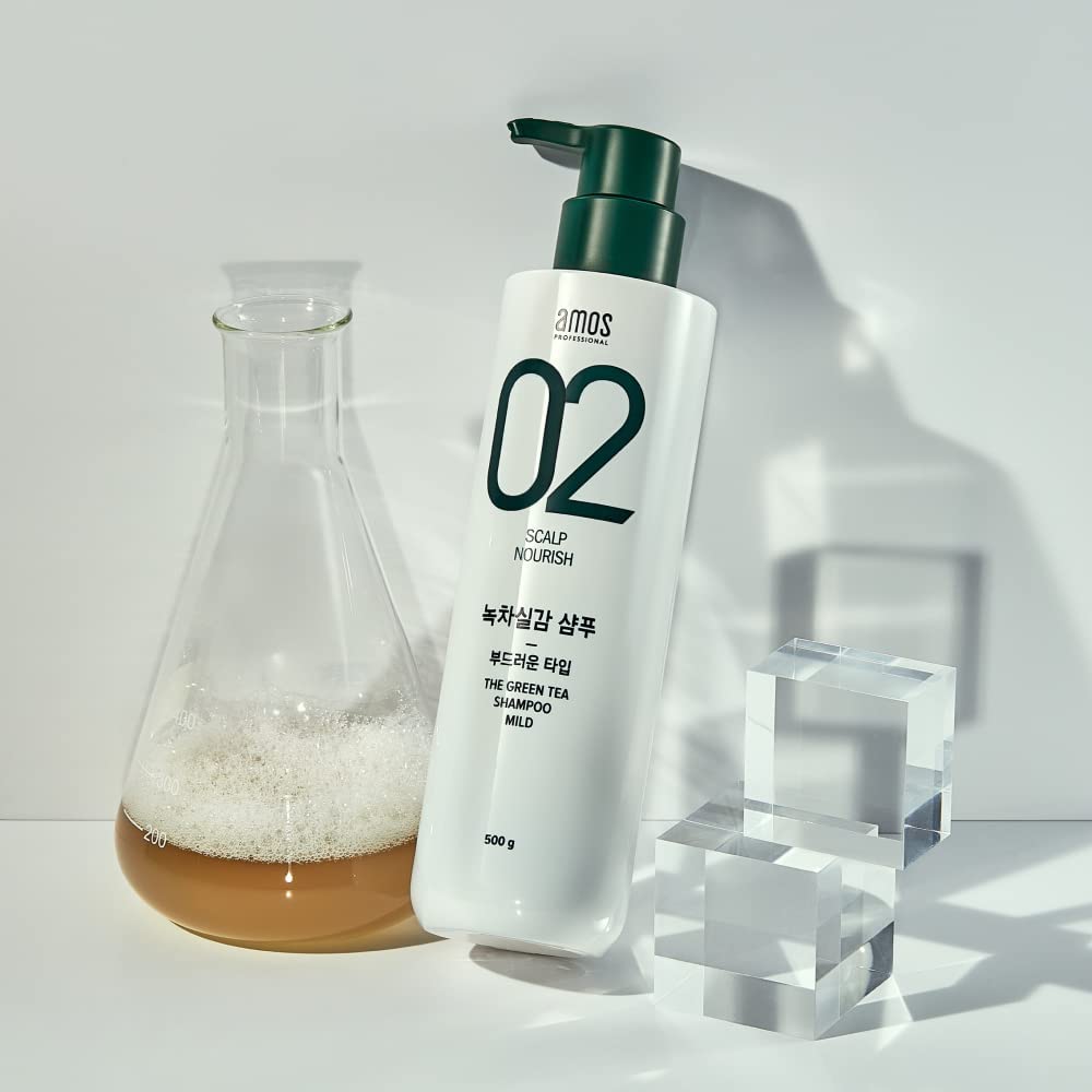 Amos ПРОФЕССИОНАЛЬНЫЙ Корейский увлажняющий шампунь с зеленым чаем для нормальной/сухой кожи головы, 17,6 унций/500 г