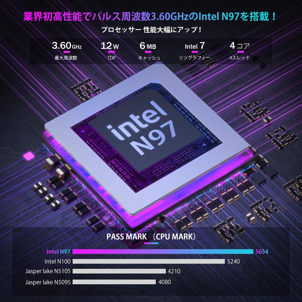 Мини-ПК 12-го поколения N97, чем мини-ПК, 4 потока, макс. SSD 2 ТБ, расширяемый Windows 11 Pro Мини-компьютер Heat xx Экран [Быстрее N150] Ядра/4 3,6 ГГц