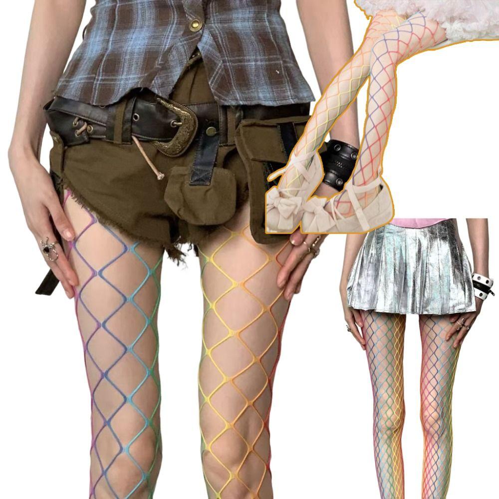Punk Y2K Rainbow Fishnet Stockings Large Mesh Dopamine See-through Tights Hot Girl Style Stretch Hollowed Out Pantyhose Women