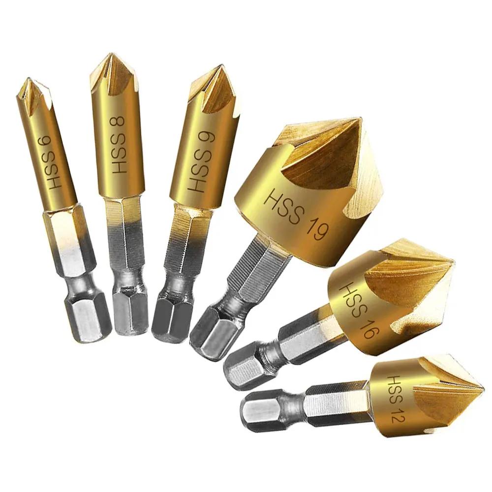 6Pcs Hexagonal Handle Conical Countersink 90 Degrees Conical Countersink Drill Bit Coated for Metal with Hex Shank Wood 6-19mm