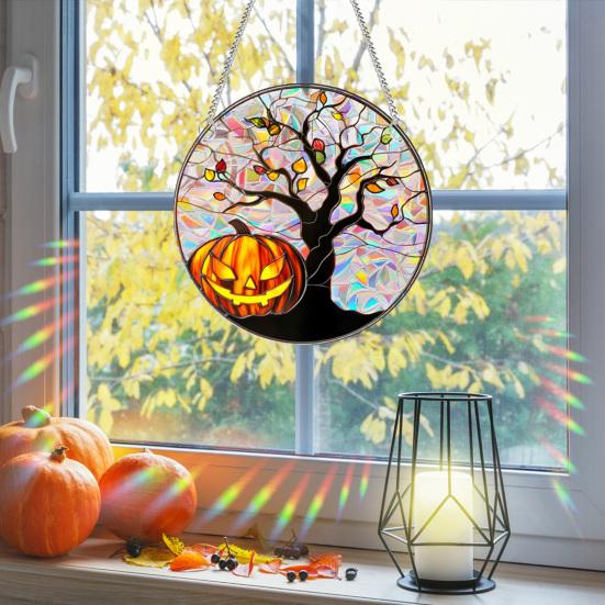 Halloween Suncatcher Hanging Decoration Ghost Pumpkin Witch Black Cat Castle
