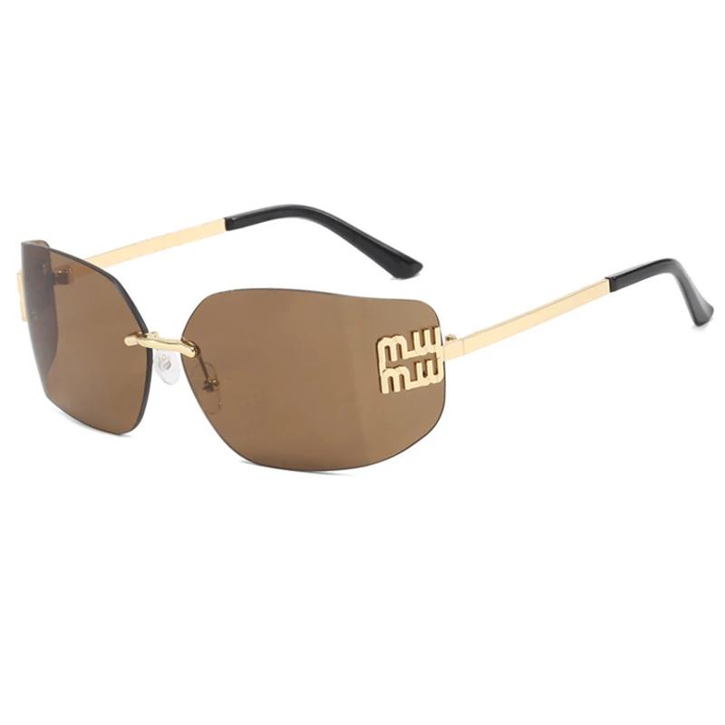 Модные металлические роскошные безободковые солнцезащитные очки женские дизайнерские с заклепками прямоугольные градиентные изогнутые линзы классические солнцезащитные очки женские