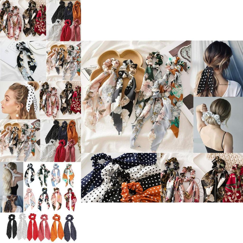 Trendy Floral Hair Bow Scrunchie Scarf With Boho Elastic Hairband And Ribbon Ties