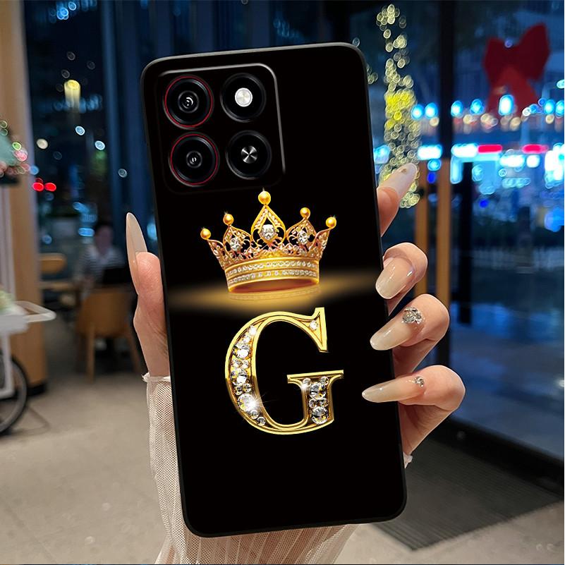 Cool Lucky A-Z Letter Phone Case For ZTE Blade A35/A55 Soft Silicone Black Case Shockproof Luxurious Glitter Crown Shell