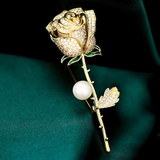 Elegant Rose Flower Faux Brooch Pearl Rhinestones Inlaid Shape Pin Bouquet Suit Lapel Badge Women