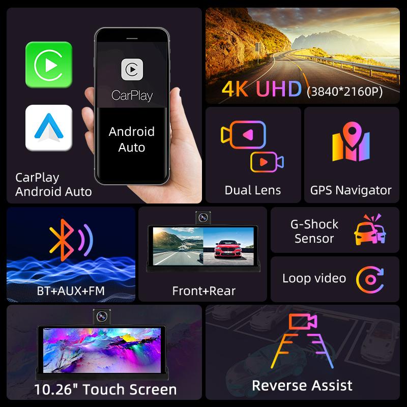 10,26-дюймовый автомобильный видеорегистратор 4K-камера Беспроводная Carplay Android auto Ai-экран Приборная панель Видеорегистратор Двойной объектив GPS-навигация Видеорегистратор AUX