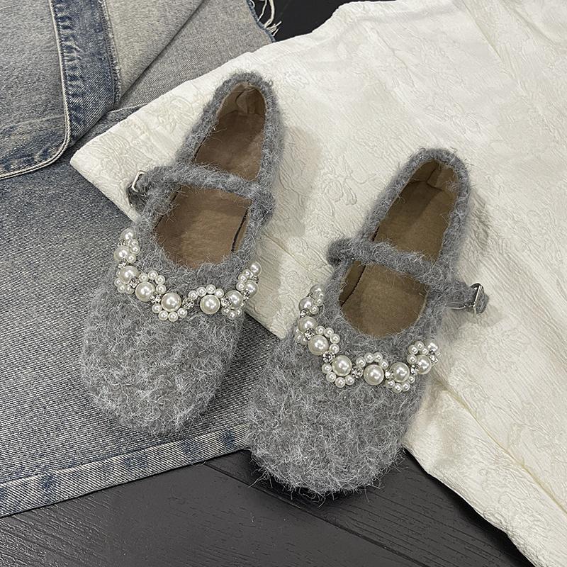 Модная осенняя новая плоская обувь одинарного фасона женская с круглым носком, мелким вырезом, линией из бусин, с мягкой подошвой, противоскользящая, низкая