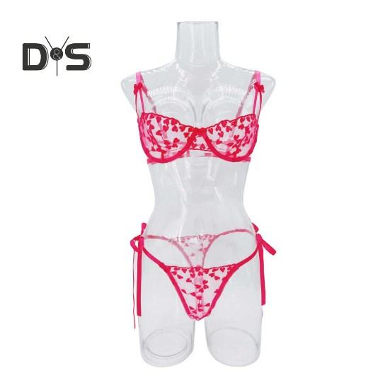 Комплект нижнего белья из 2 предметов: бюстгальтер и трусики, прозрачный, кружевной, с вышивкой в виде сердца, однотонный, с регулируемым ремешком, тонкий, мягкий, с высокой талией, для первой брачной ночи или медового месяца