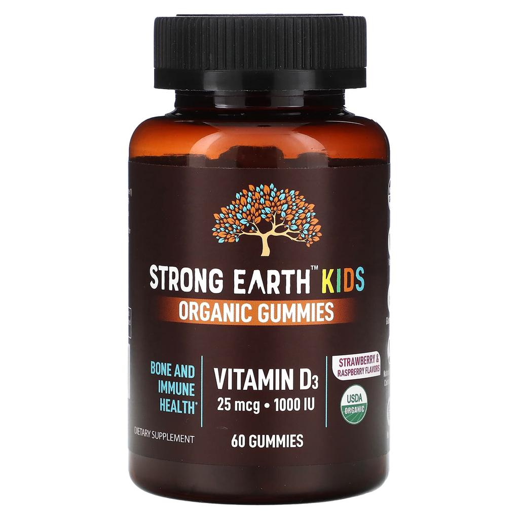 YumVs, Strength Earth Органические жевательные конфеты для детей, Витамин D3, Клубника и малина, 25 мкг (1000 МЕ), 60 мармеладок