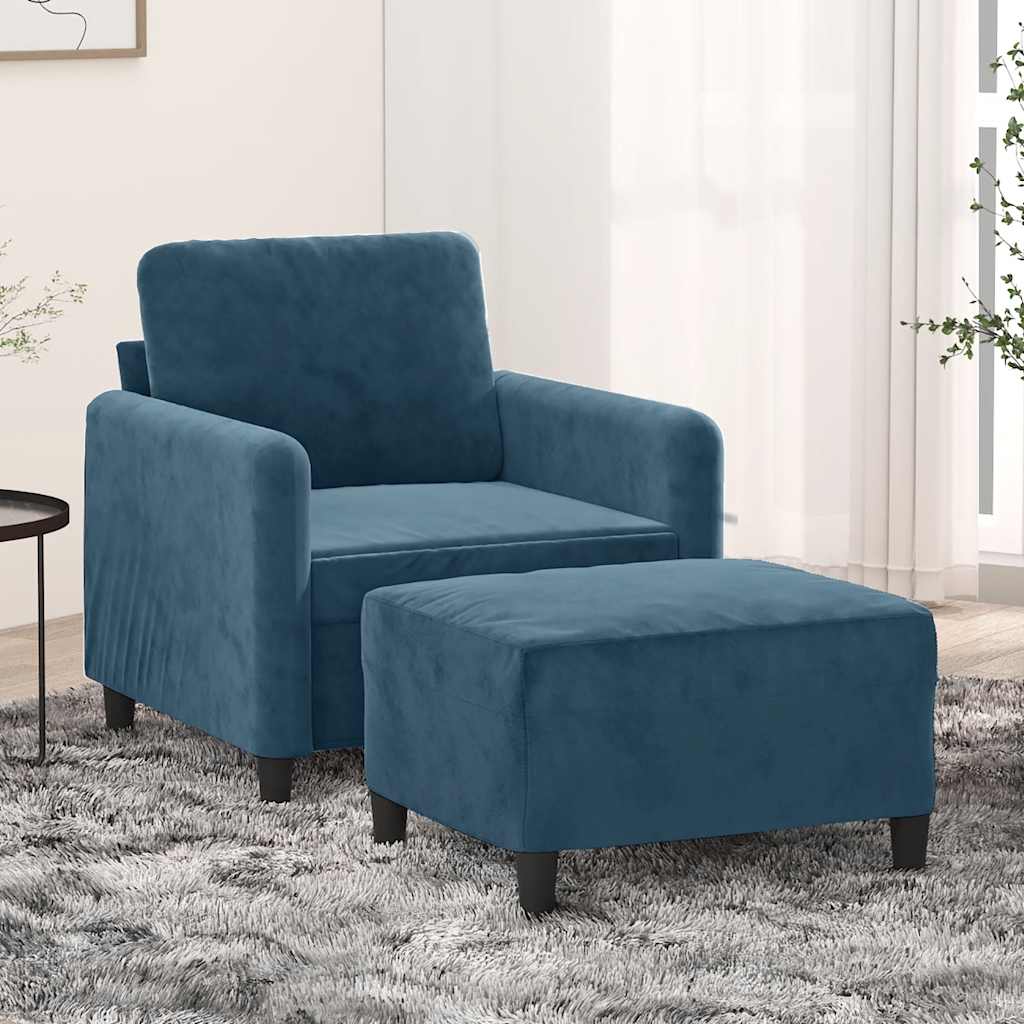 Vidaxl Fotel Z Podnóżkiem, Niebieski, 60 Cm, Obity Aksamitem
