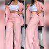 2 Pcs/Set Women Coat Pants Suit Single-breasted Turn-down Collar Long Sleeve Catdigan Jacket Wide Leg Straight High Waist Pants Lady Commute