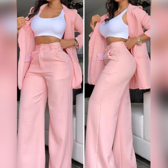 2 Pcs/Set Women Coat Pants Suit Single-breasted Turn-down Collar Long Sleeve Catdigan Jacket Wide Leg Straight High Waist Pants Lady Commute