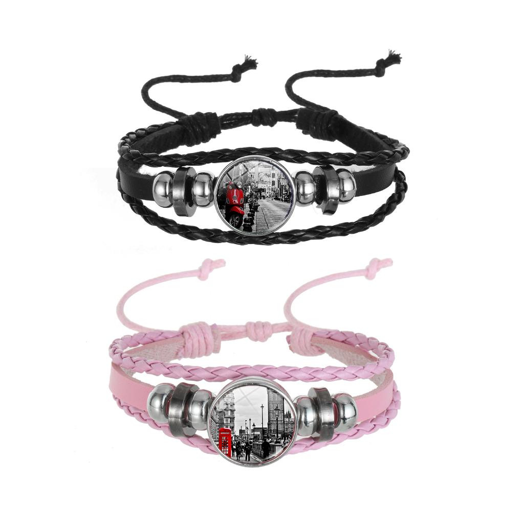 Eiffel Tower Time Gem Bracelet, Black Woven Leather Cord Wristband Wholesale