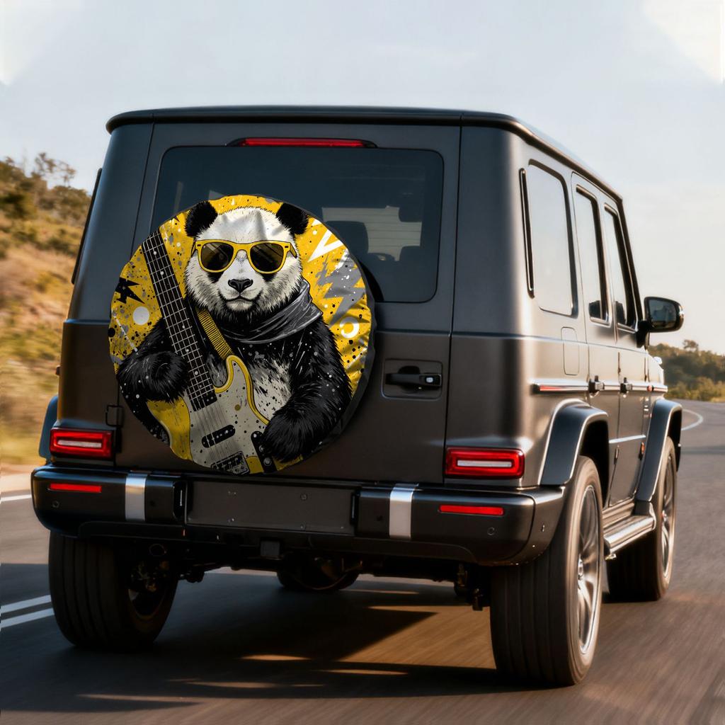 Creative Rock Panda Print Tire Cover, Polyester Material, Spare Tire Protector With Yellow Background Lightning Pattern, Outdoo
