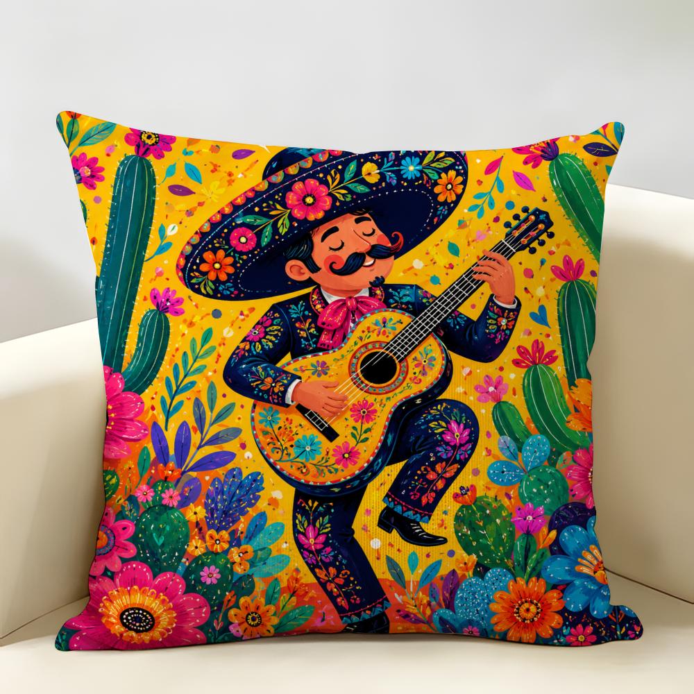 Vibrant Boho Mexican Cactus Fiesta Cushion Cover Durable Hypoallergenic Linen Pillow Cover Short Size Washable SkinFriendly