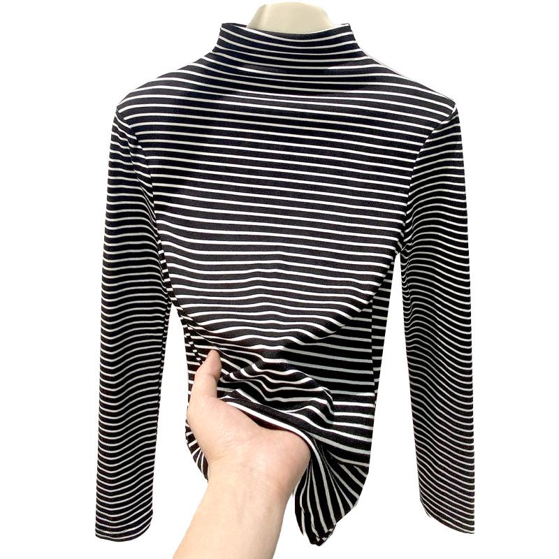 H246 Женская повседневная футболка в полоску с полувысоким воротником и длинными рукавами