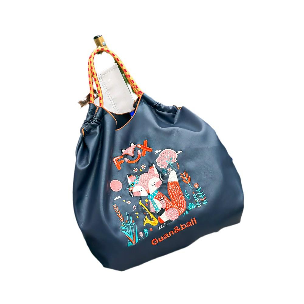 Сумка-тоут из вышитой кожи в японском стиле - Женская большая вместительная сумка через плечо