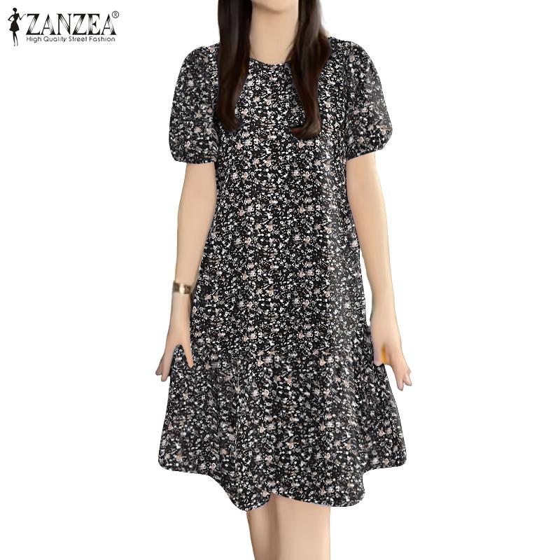 ZANZEA Women's Summer Round Neck Short-Sleeve Floral Print Dress