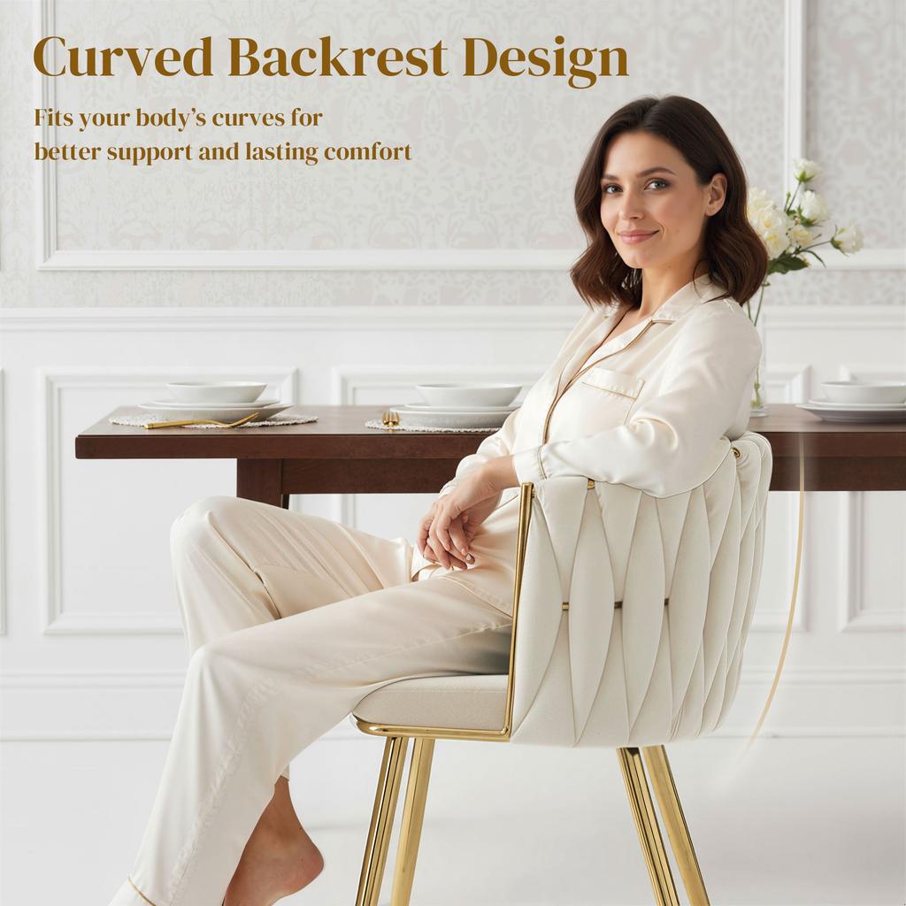 Velvet-Feel Dining Chairs Set of 2, Modern Upholstered Armchair with Knot Design and Golden Metal Legs, Accent Chair for Dining Room, Bedroom