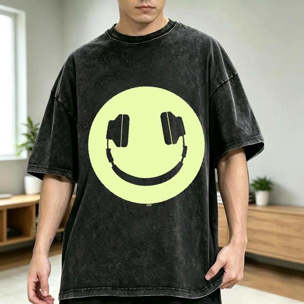 washed T Shirt Funny Kids Childrens tee Headphone Dj Smile Glow In The Dark long or short sleeves vintage Washed Casual