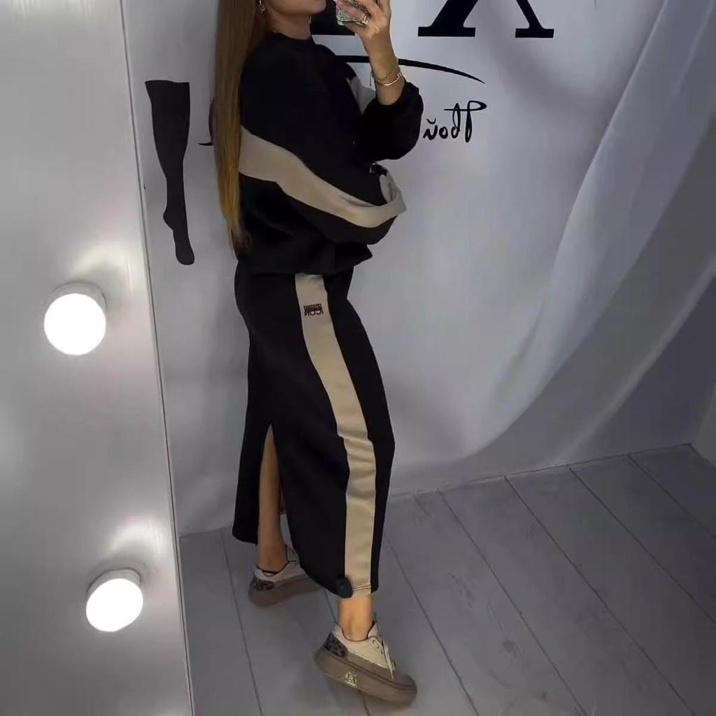 Women's Color Block Hoodie and Skirt Set - Casual Loose Fit, Mid-Length, 2025 Spring/Autumn Collection