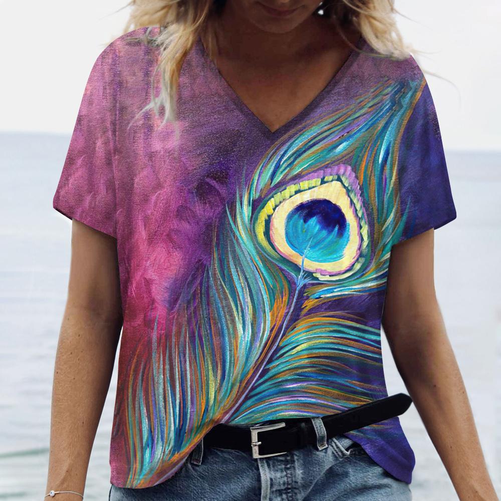 Summer V Neck Women T-Shirts Peacock Feather Graphic Fashion Short Sleeve Harajuku Y2k Top Oversized Casual Female T Shirt