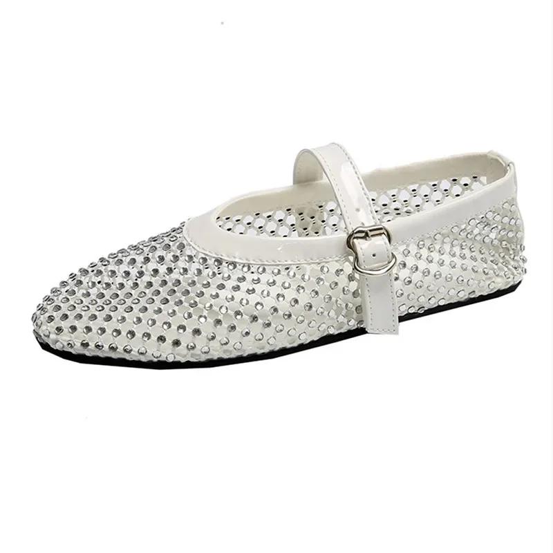 Fashion Summer Mesh Hollow Design Flat Shoes Women Luxury Rhinestone Decorated Mary Jane Shoes for Women Light Breathable Beach Sandals