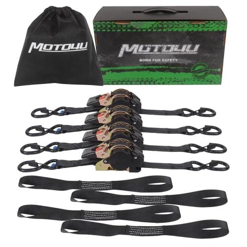 MOTO4U Automatic Tie-Down Belts, Set of 4, 25mm x 3m, Ratchet Belts, Securement Belts, Cargo Tie-Down Straps, with Soft Loops and Storage Bag (4 piece