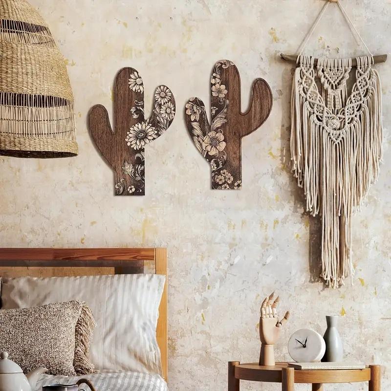 2Pcs Wooden Wall Decor Bohemian Style Cactus Decor, Farmhouse Wall Decor, Rustic Flower Patterns Wood Home Decor