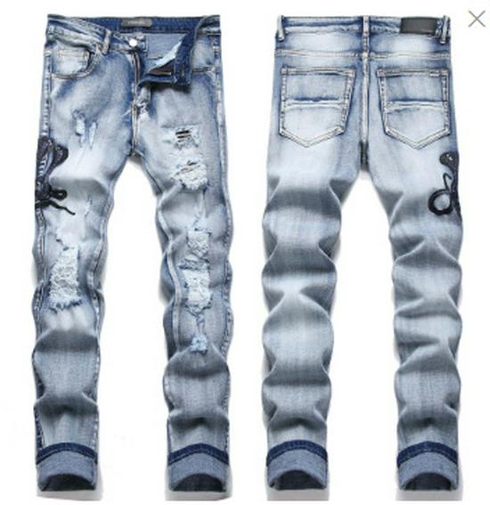 Европейские молодежные синие джинсы-стрейч с вышивкой Cobra Slim-Fit для мужчин