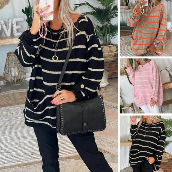 Women Autumn Oversized Sweater Elegant O-Neck Long Sleeve Striped Splicing Color Pocket Loose Pullover Elegant Knitting Jumper