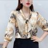 Chiffon Shirt Bow Lace-up Collar Half Sleeved Printed Top Women's Loose Thin Simple Casual Commute Top Elegant Temperament Spring and Summer