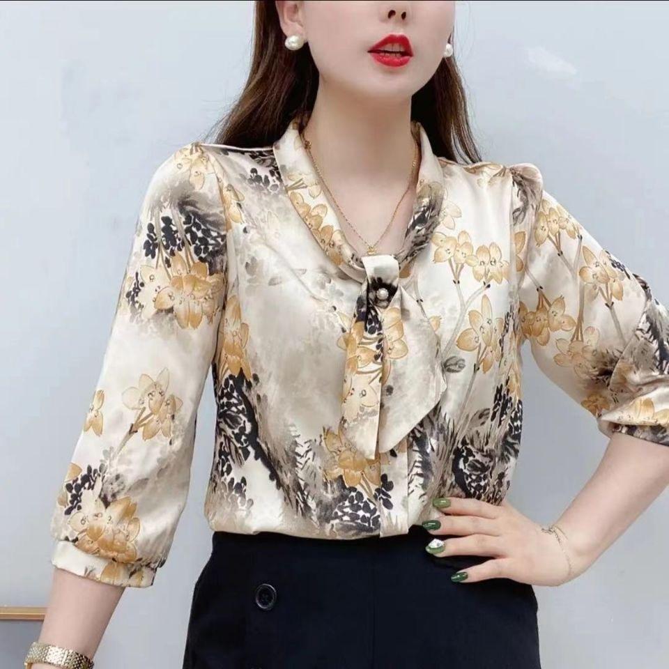 Chiffon Shirt Bow Lace-up Collar Half Sleeved Printed Top Women's Loose Thin Simple Casual Commute Top Elegant Temperament Spring and Summer