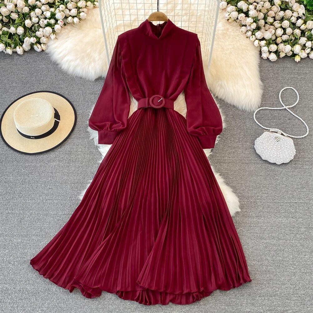 Весеннее корейское шикарное легкое зрелое стильное плиссированное платье с воротником-стойкой и высокой талией на шнуровке на талии Элегантное большое свободное платье