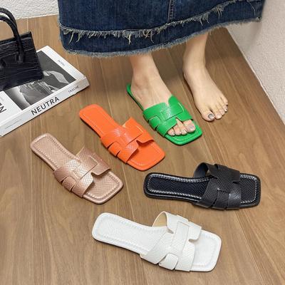 Женские летние тапочки на низком плоском каблуке с застежкой, повседневные, с квадратным носком, однотонные, верхняя одежда, пляжные сандалии, обувь 35-43