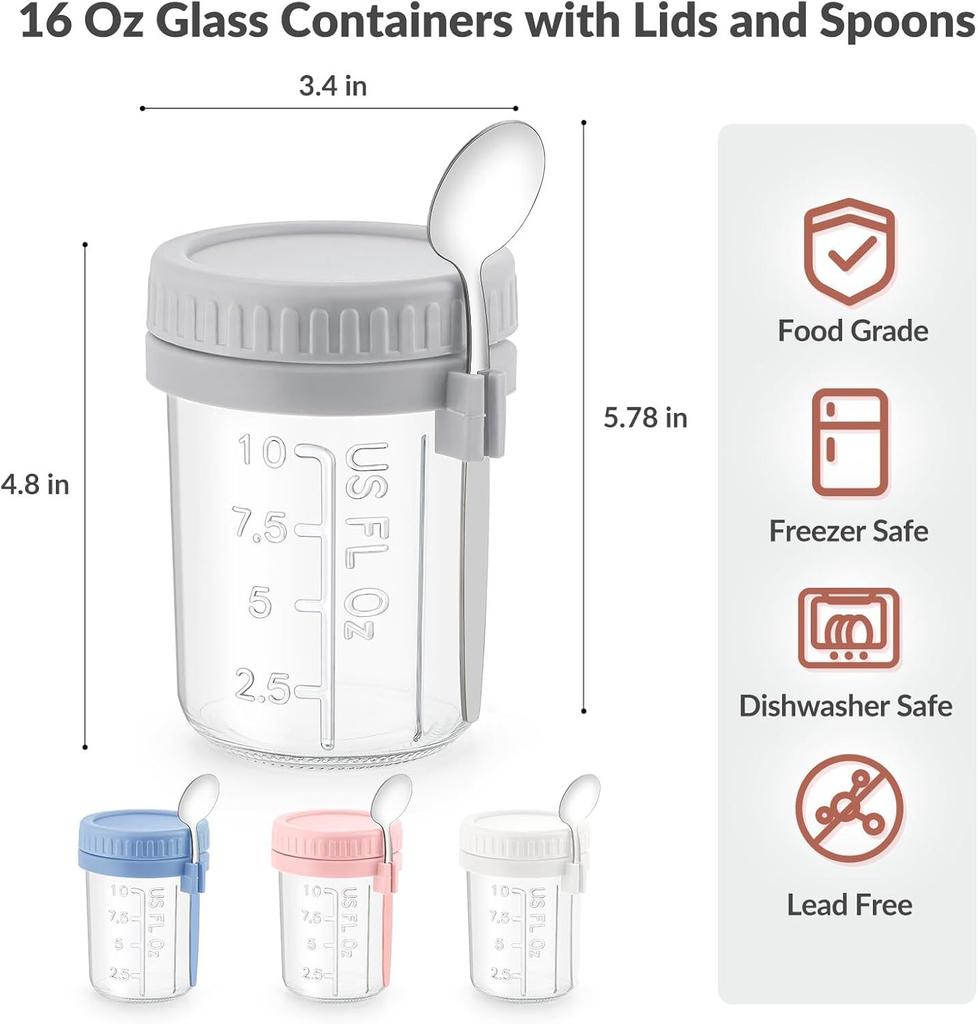 Glass Overnight Oats Container with Lid and Spoon (16 oz) Pack of 4