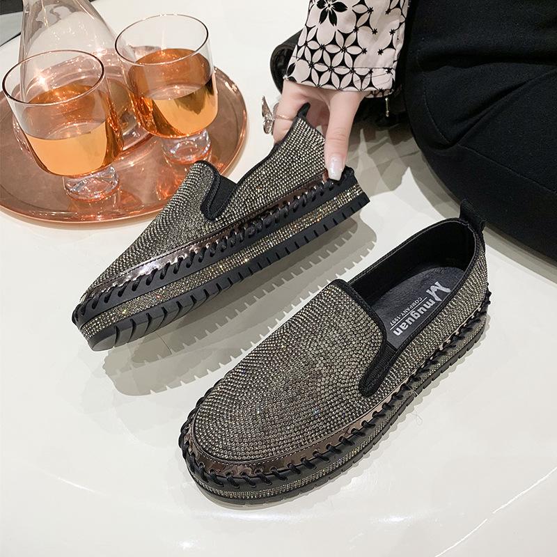 Весна 2025 года, новые повседневные туфли с одной педалью, толстая подошва, круглые туфли, женские мокасины со стразами, одинарные туфли, большой размер