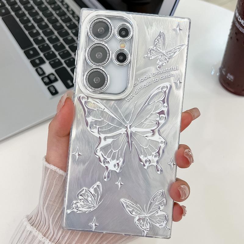 Fashion Butterfly Pattern IMD Clear Case For Samsung S25 S24 FE S23 Ultra A55 A15 A54 A35 Glitter Shockproof Lens Protection Slim Phone Cover