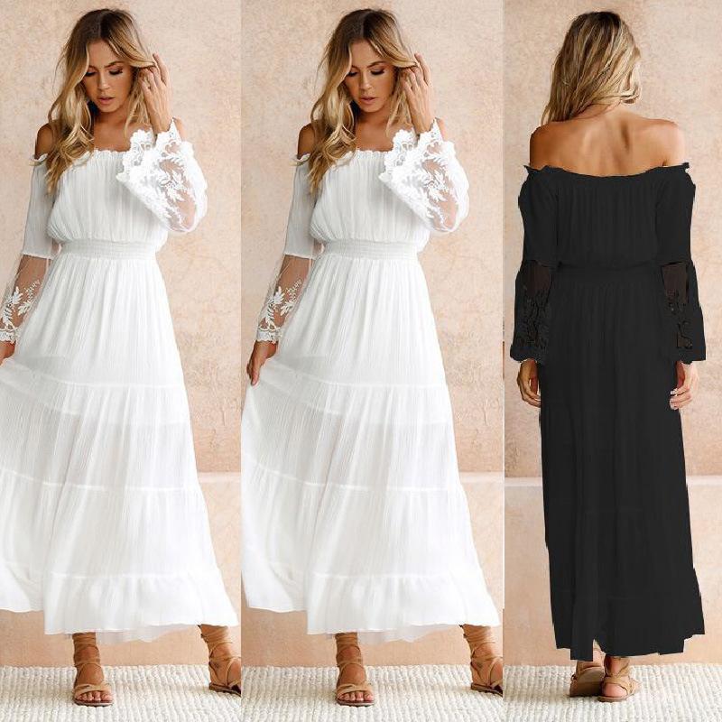 Women Off Shoulder Lace Patchwork Dress Long Sleeve Evening Party Dress Trendsetting Must-have Items Fashion Versatile Outfits