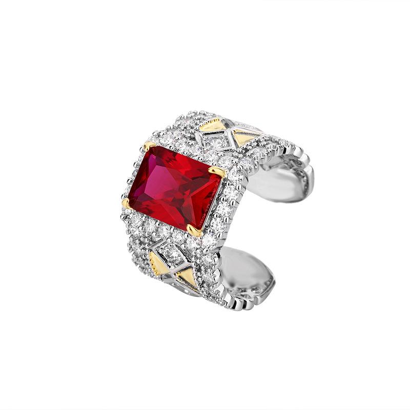 Ring European and American square colored zircon pink zirconium ring red corundum jewelry women's fashion sense high