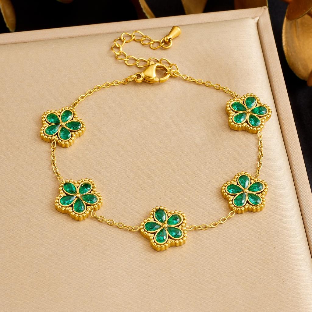 DIEYURO 316L Stainless Green WaterDrop Crystal Inlay Flowers Necklace Bracelet Earrings Set Lady Classic Elegant Jewelry Sets