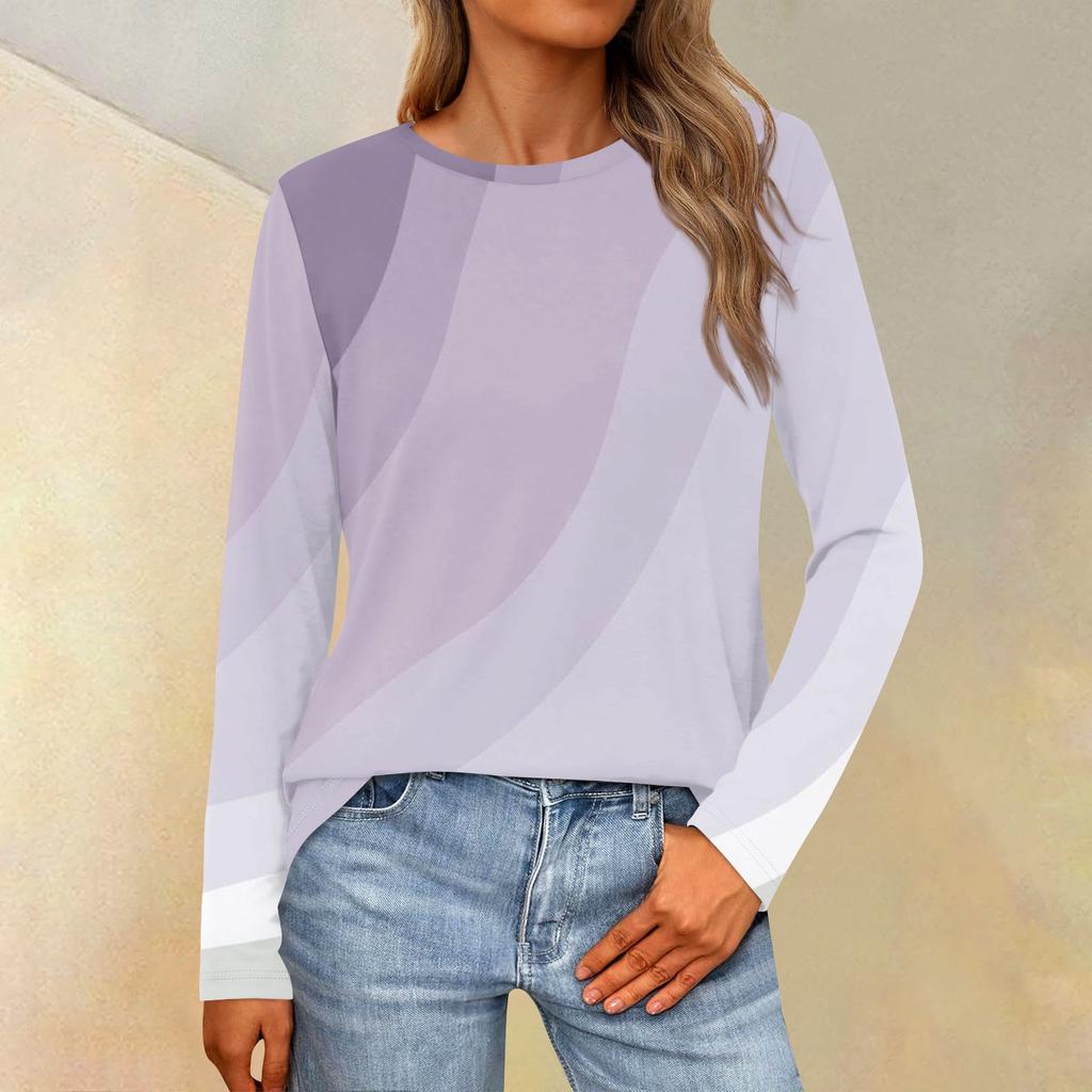 Женская свободная повседневная повседневная футболка с длинным рукавом и круглым вырезом, сплошной цвет, топ