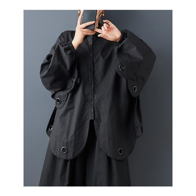 DIMANAF 2025 New Autumn Plus Size Women Coats Jackets Thin Long Sleeve Loose Casual Black Outerwear Button Shirt Tops